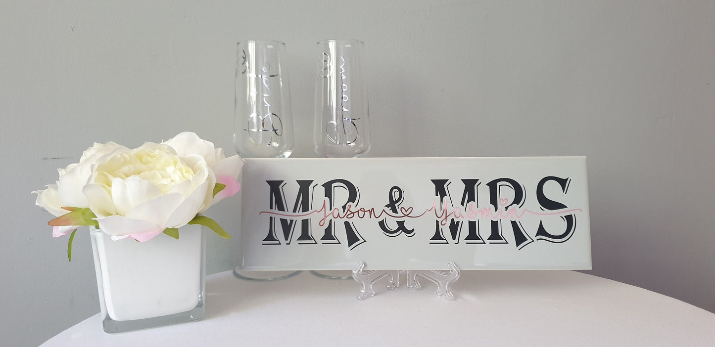 Tile, Flute, Glass, Bride & Groom, Gift Set, Wedding, Couple, vinyl, personalised, Bride, Groom