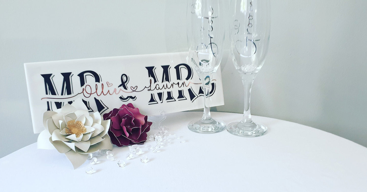 Tile, Flute, Glass, Bride & Groom, Gift Set, Wedding, Couple, vinyl, personalised, Bride, Groom