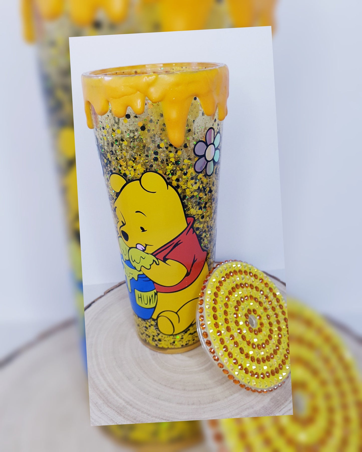 Snowglobe tumbler "Pooh" inspired with honey drip and rhinestone lid.