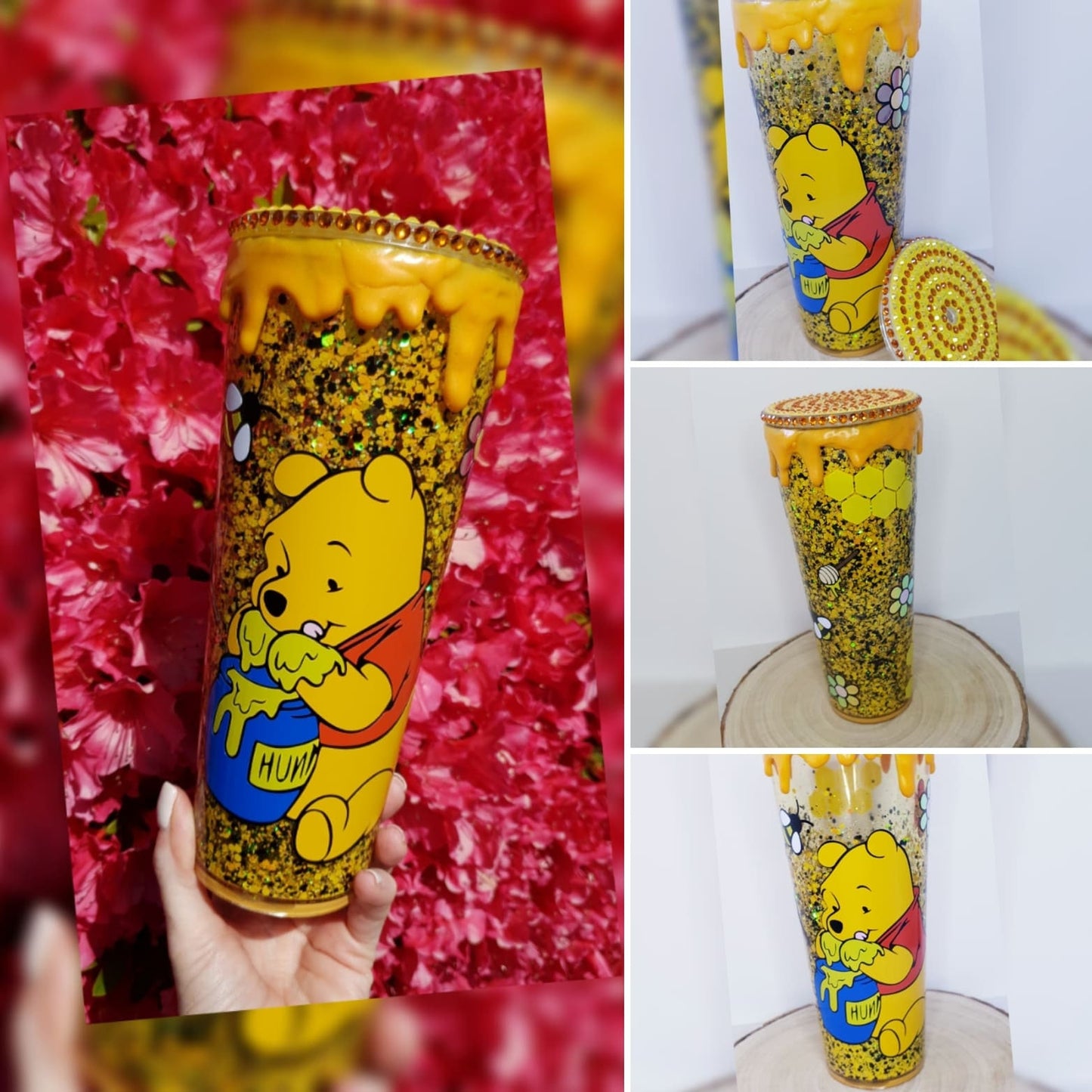 Snowglobe tumbler "Pooh" inspired with honey drip and rhinestone lid.