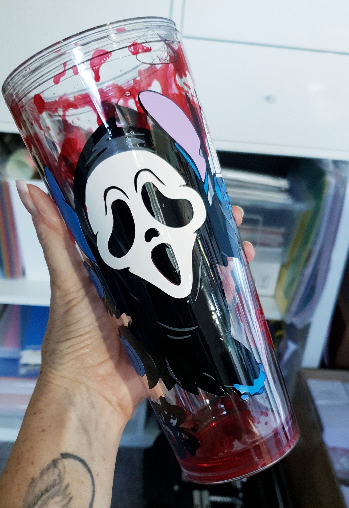 Blood Drip Tumbler, Halloween design, Ghost Face "Stitch" inspo, stunning red glitter lid with rhinestone edging.