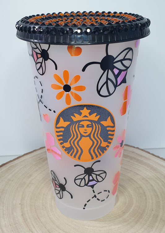 Bee Happy Cold cup with black and orange rhinestone lid.