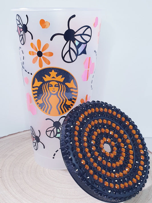 Bee Happy Cold cup with black and orange rhinestone lid.