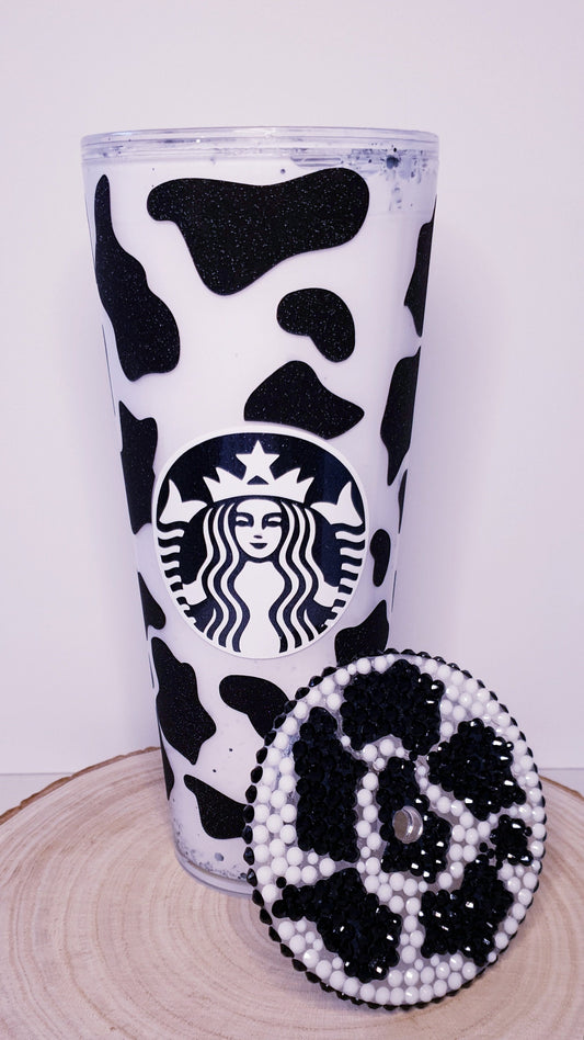 24oz, snowglobe, tumbler, cow, black, white, rhinestones, design, starbs, gift, lid, straw, glitter