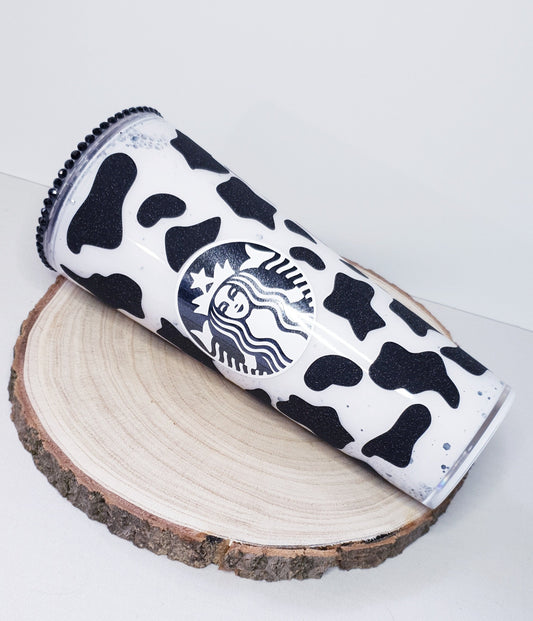 24oz, snowglobe, tumbler, cow, black, white, rhinestones, design, starbs, gift, lid, straw, glitter