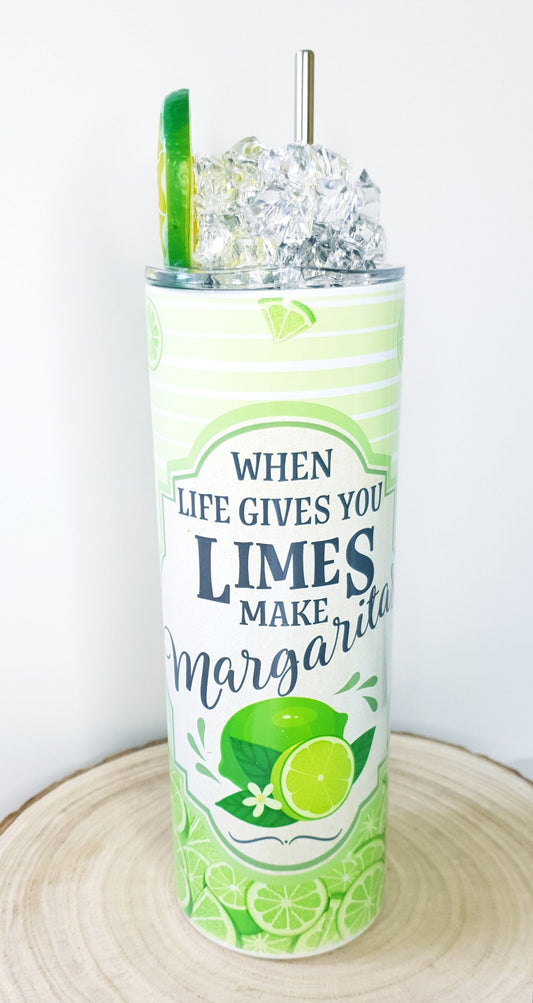 20oz Stainless Steel Tumblers "When life gives you limes" with decorative ice lid and straw.