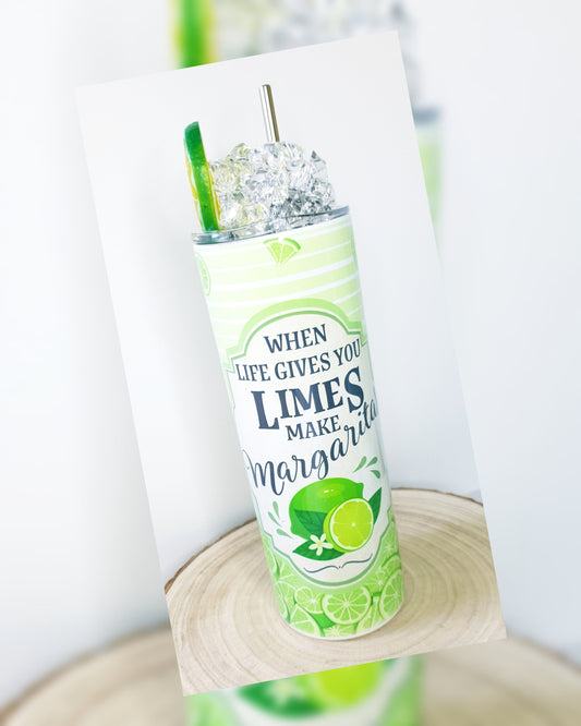 20oz Stainless Steel Tumblers "When life gives you limes" with decorative ice lid and straw.