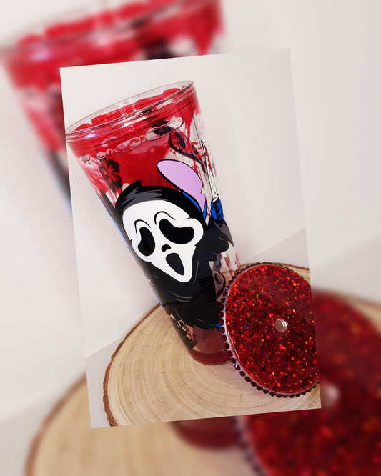 Blood Drip Tumbler, Halloween design, Ghost Face "Stitch" inspo, stunning red glitter lid with rhinestone edging.