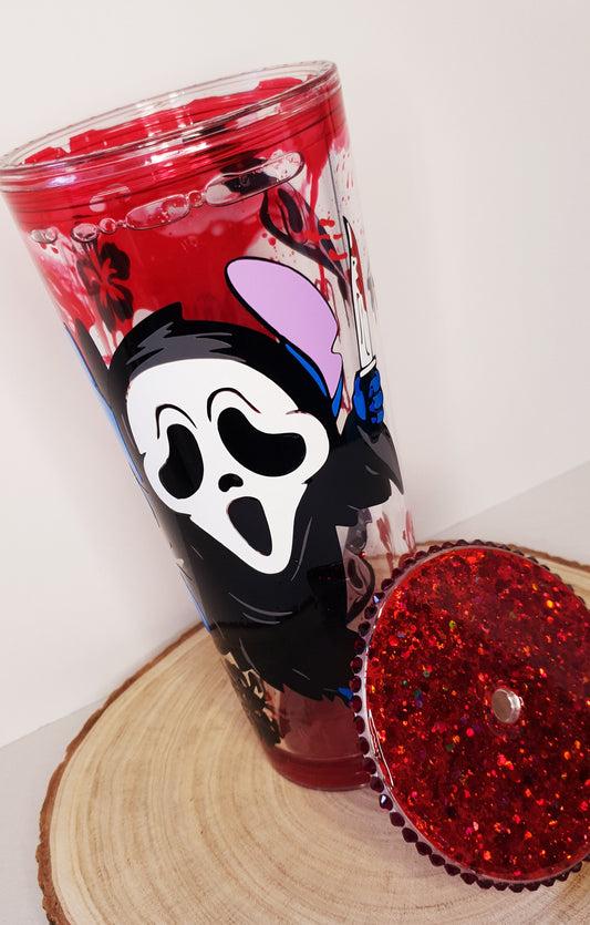 Blood Drip Tumbler, Halloween design, Ghost Face "Stitch" inspo, stunning red glitter lid with rhinestone edging.