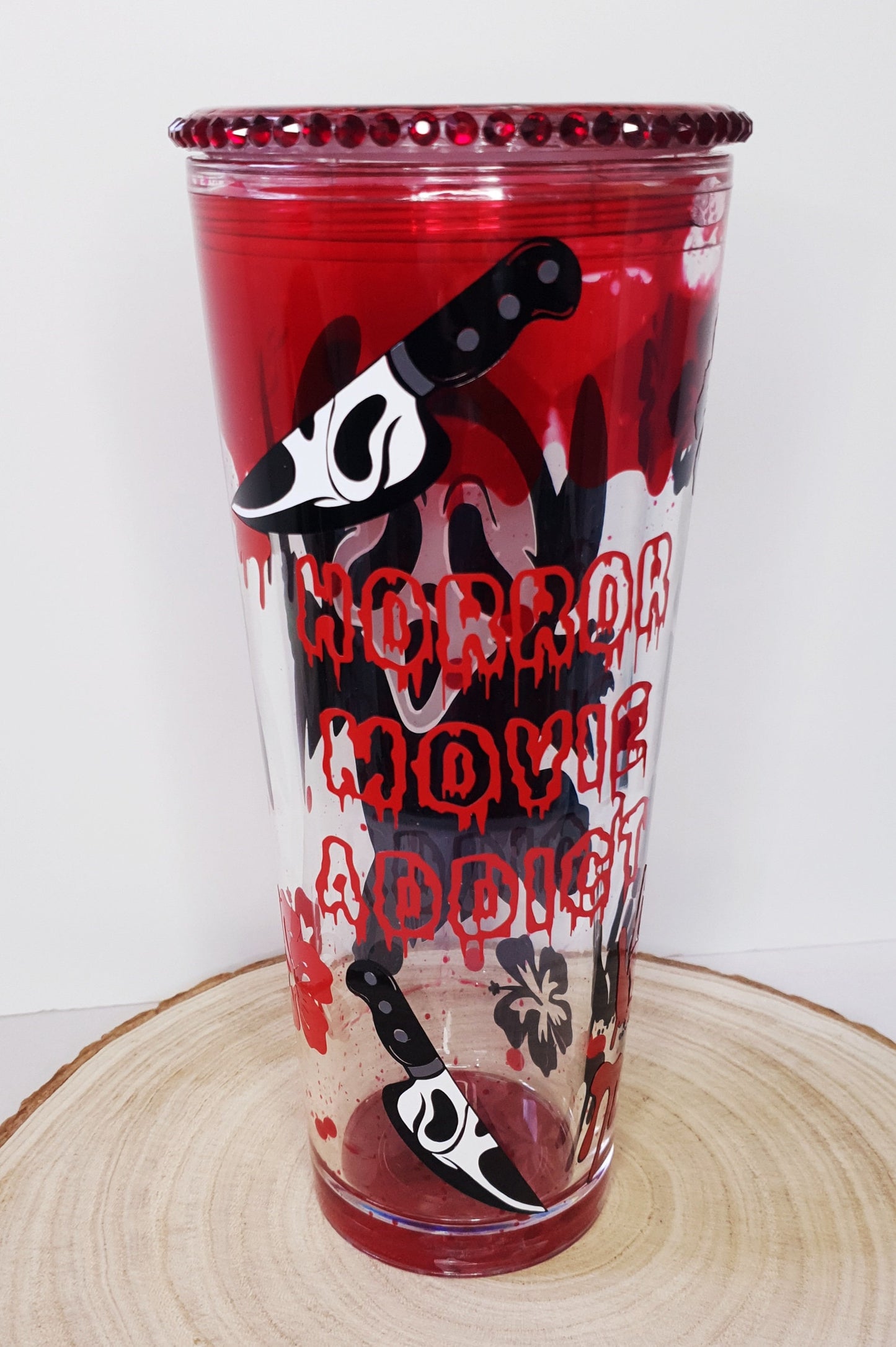 Blood Drip Tumbler, Halloween design, Ghost Face "Stitch" inspo, stunning red glitter lid with rhinestone edging.