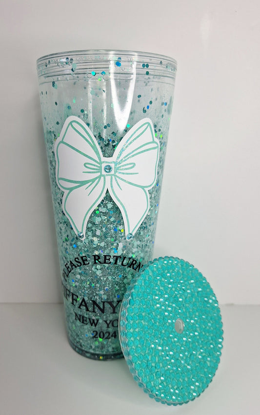 24oz  Snowglobe, Tumbler, lid, straw, rhinestones, Tiffany Inspo, blue,  white ribbon glitter hearts Tiffany & Co