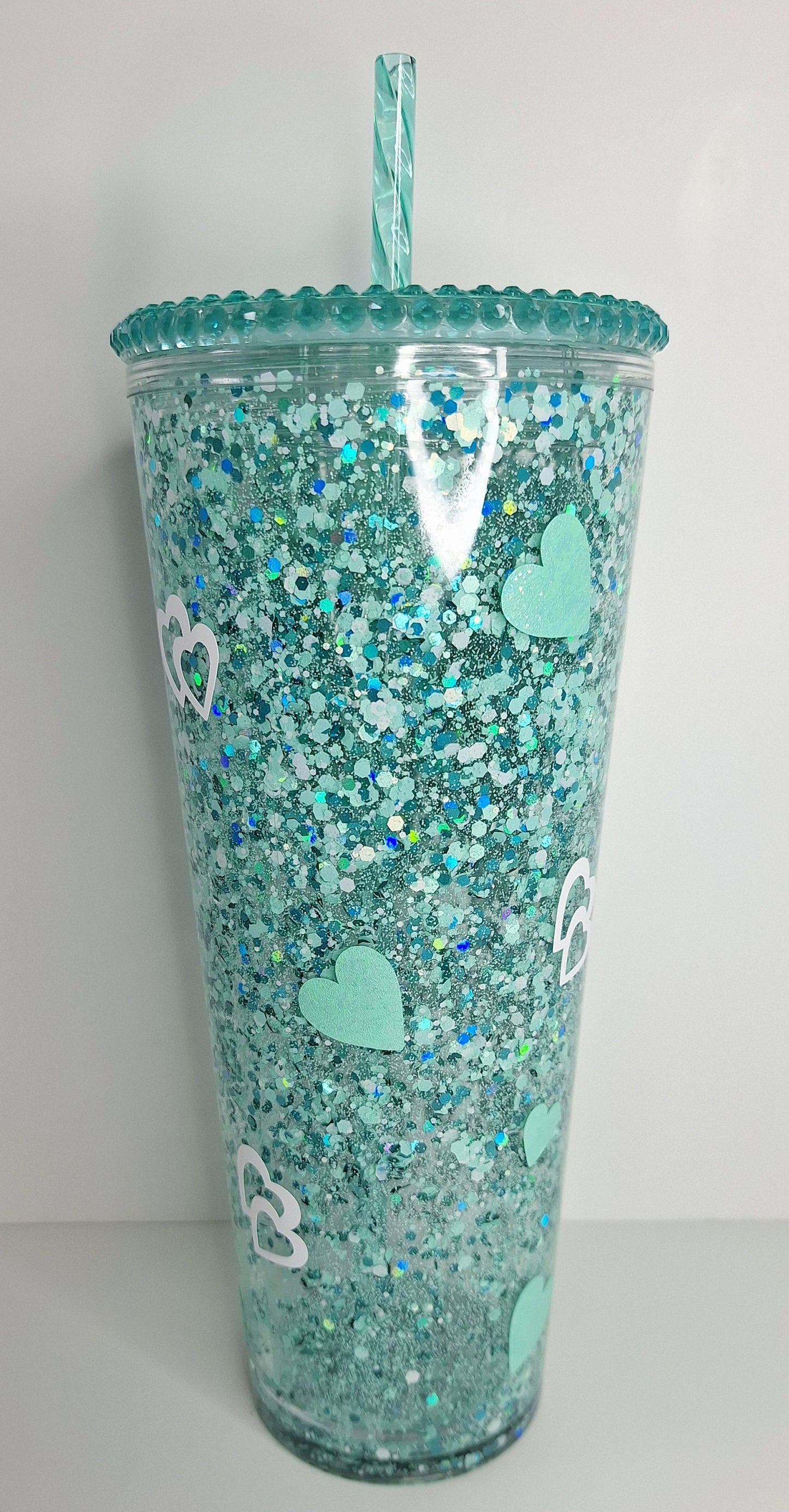 24oz  Snowglobe, Tumbler, lid, straw, rhinestones, Tiffany Inspo, blue,  white ribbon glitter hearts Tiffany & Co