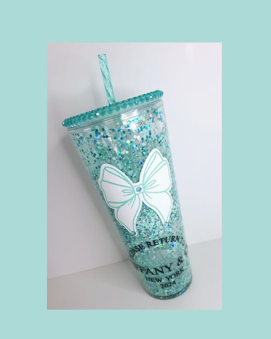 24oz  Snowglobe, Tumbler, lid, straw, rhinestones, Tiffany Inspo, blue,  white ribbon glitter hearts Tiffany & Co