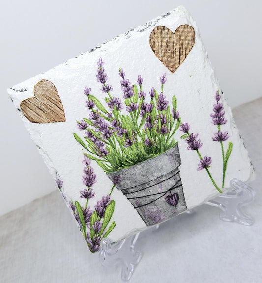 Coasters, Slate Coasters, Decoupage, Floral, Summer, Gift, Lavender design, Hearts, gift, pack