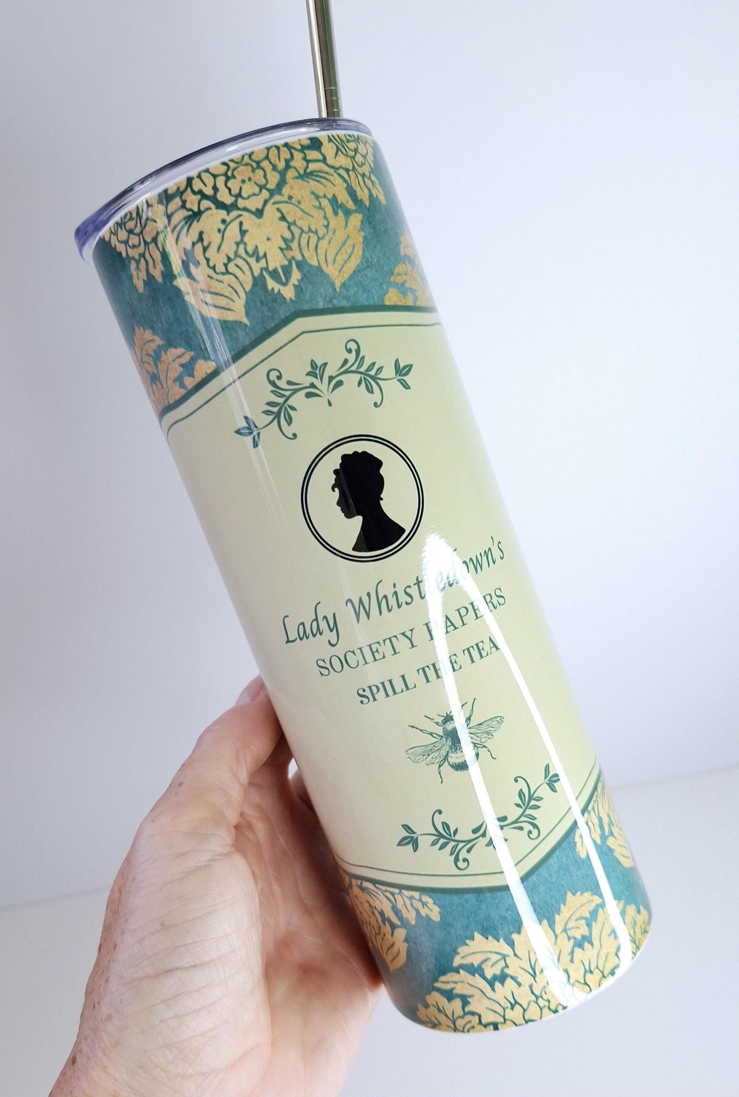 Bridgerton inspired,  Collection - Part 4 - 20oz Stainless steel tumbler, sublimation, teal & gold design, spout lid, straw, gift idea
