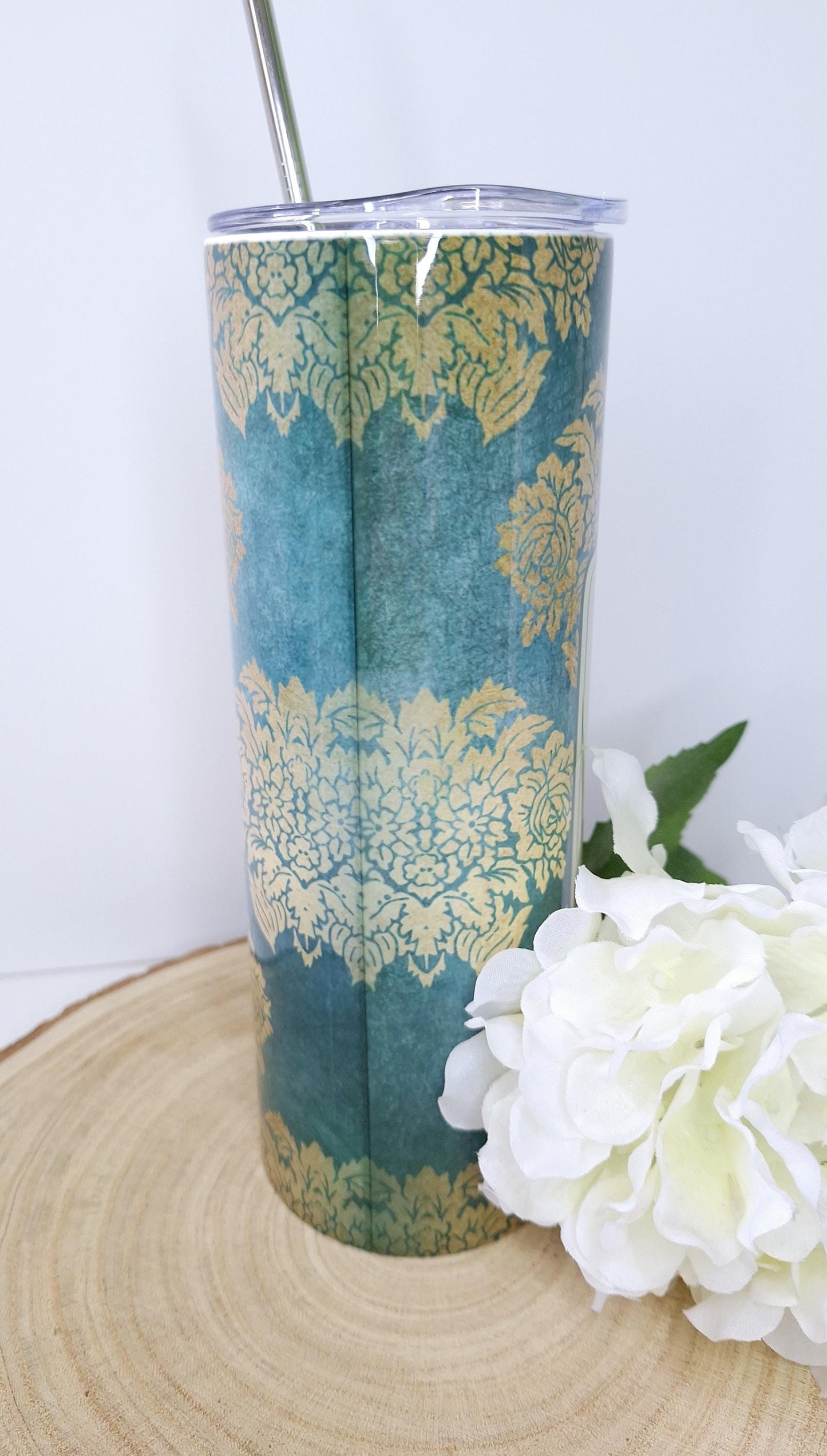 Bridgerton inspired,  Collection - Part 4 - 20oz Stainless steel tumbler, sublimation, teal & gold design, spout lid, straw, gift idea
