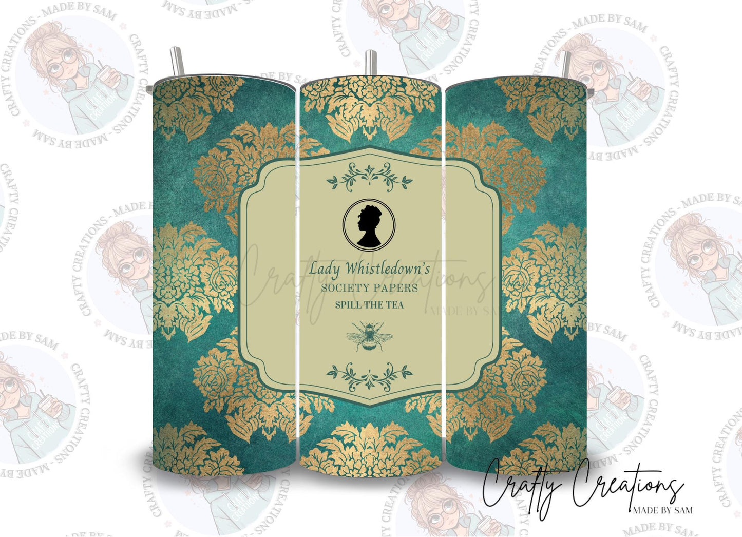 Bridgerton inspired,  Collection - Part 4 - 20oz Stainless steel tumbler, sublimation, teal & gold design, spout lid, straw, gift idea