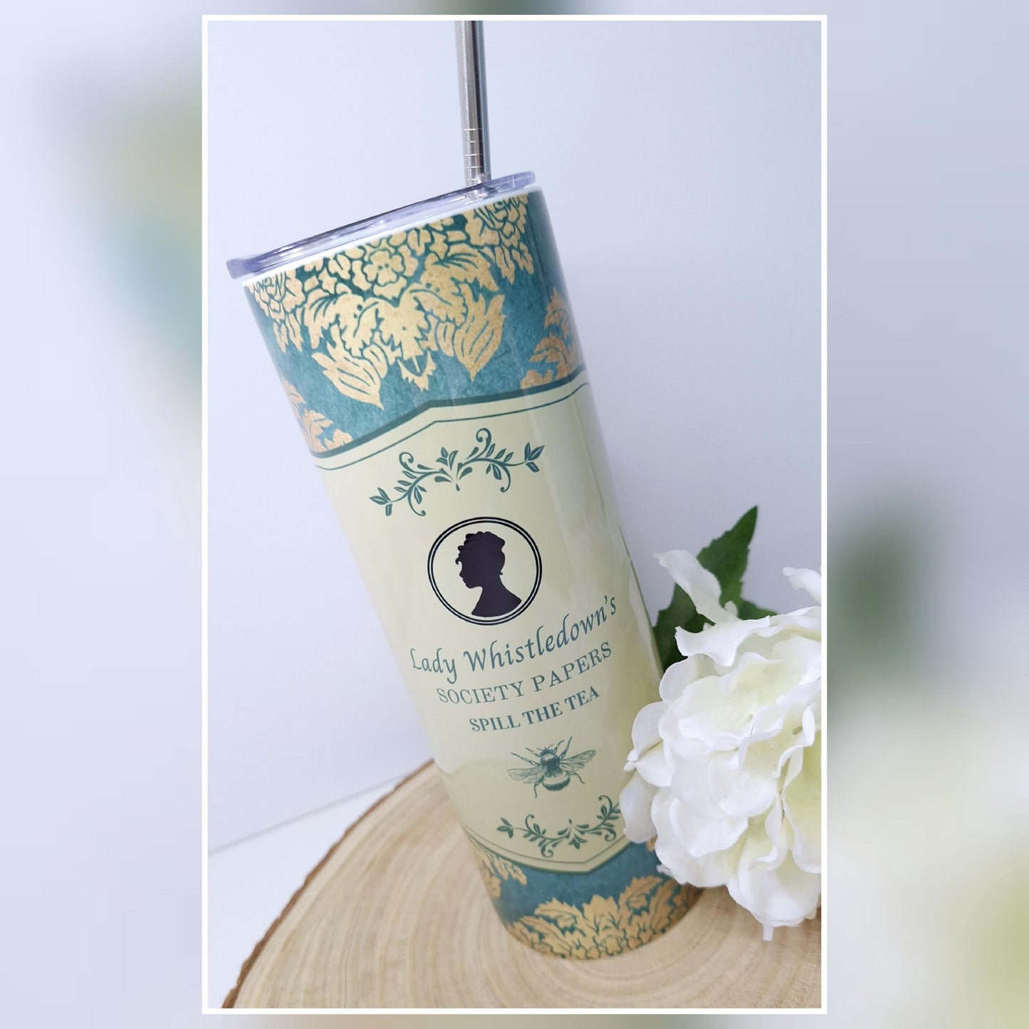 Bridgerton inspired,  Collection - Part 4 - 20oz Stainless steel tumbler, sublimation, teal & gold design, spout lid, straw, gift idea