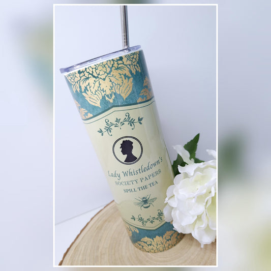 Bridgerton inspired,  Collection - Part 4 - 20oz Stainless steel tumbler, sublimation, teal & gold design, spout lid, straw, gift idea