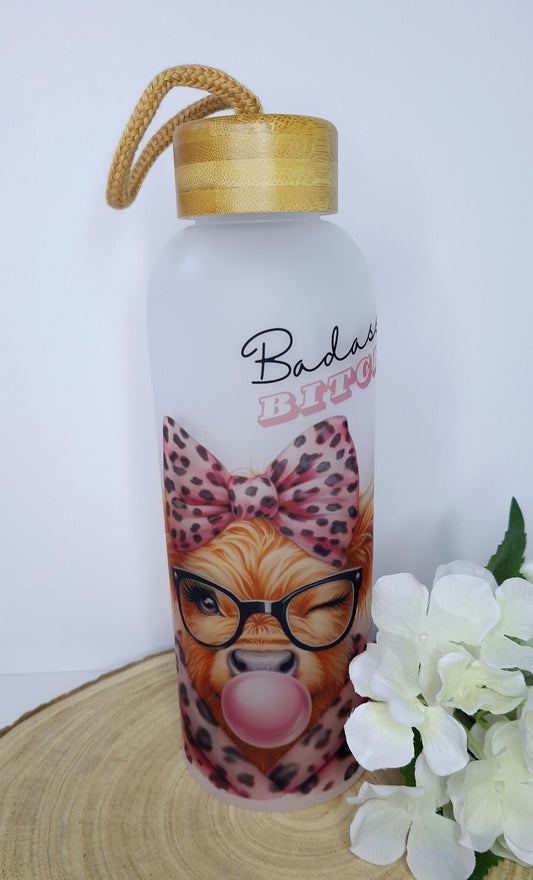 Frosted Glass Bottle, 25oz, Cute Sassy, Highland Cow design, pink, leopard print, bow, bubblegum, Bamboo Lid with string, gift idea