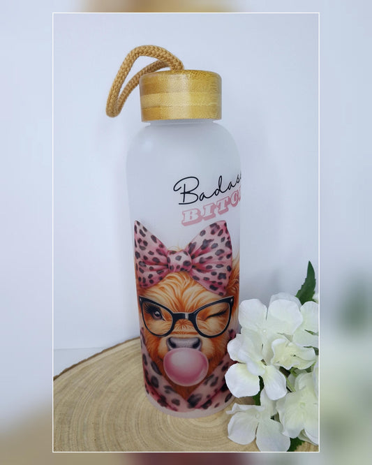 Frosted Glass Bottle, 25oz, Cute Sassy, Highland Cow design, pink, leopard print, bow, bubblegum, Bamboo Lid with string, gift idea